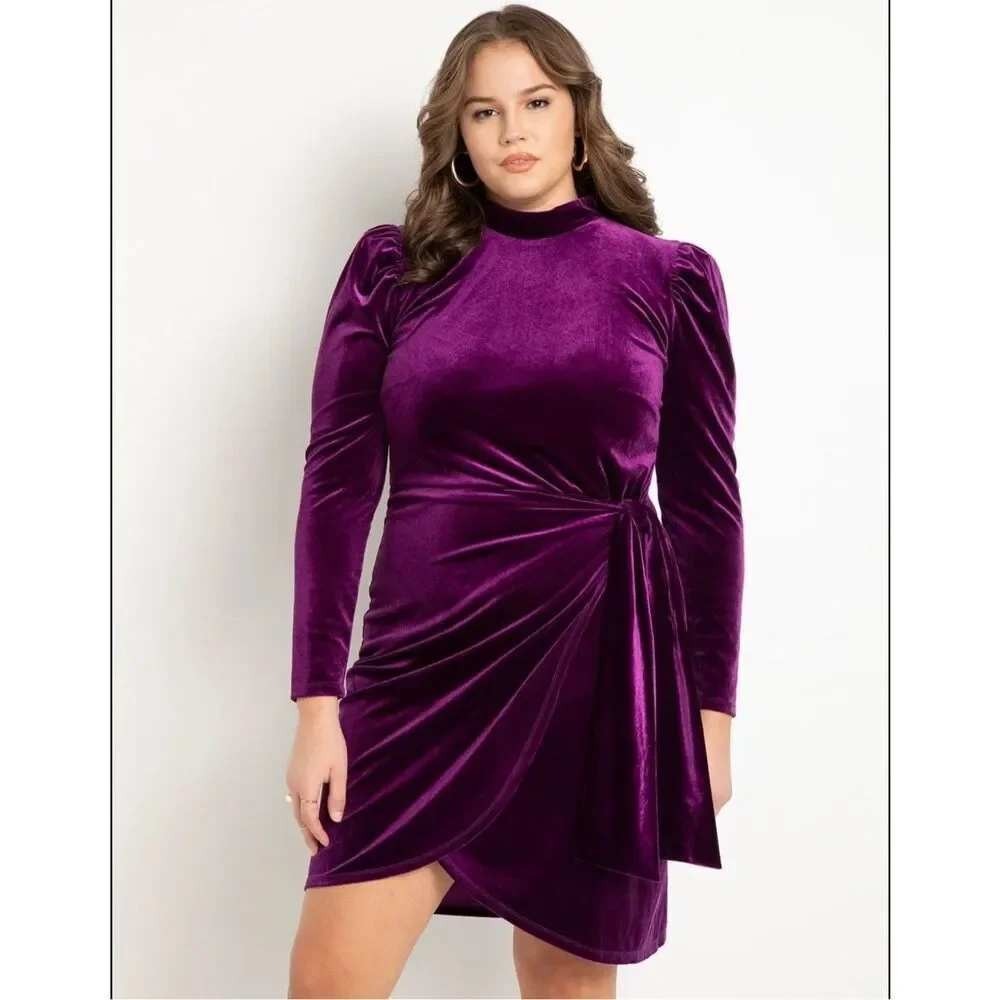 Clover and Sloane Purple Velvet Long Sleeve Sheath Dress Size 16